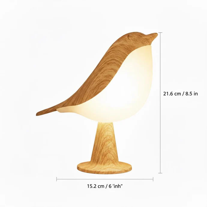 Vogel-Lampe Nachtlicht, dimmbar mit Touch-Steuerung, Holzmaserung