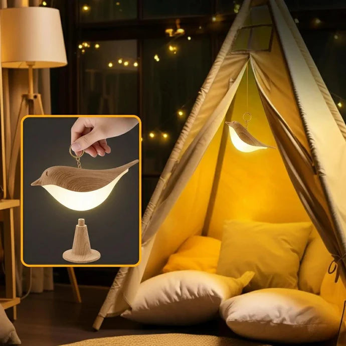 Vogel-Lampe Nachtlicht, dimmbar mit Touch-Steuerung, Holzmaserung