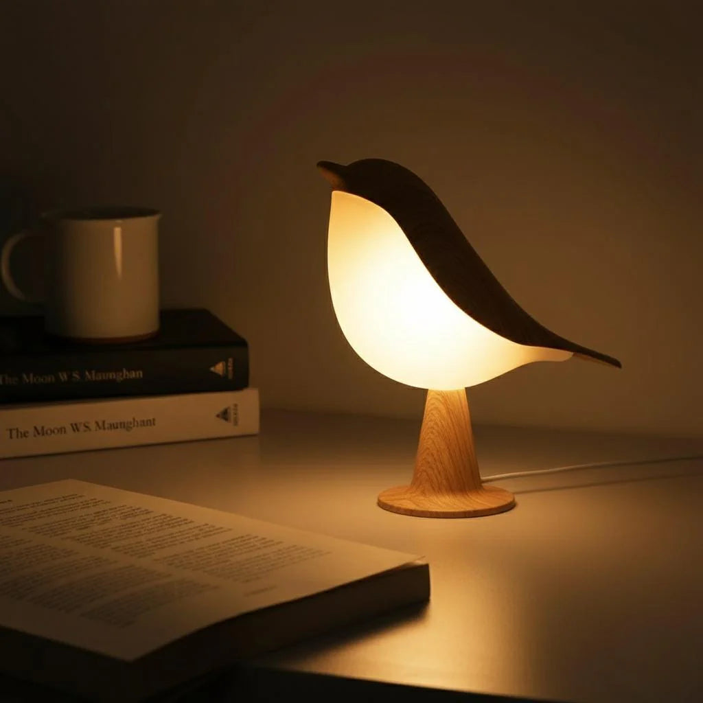 Vogel-Lampe Nachtlicht, dimmbar mit Touch-Steuerung, Holzmaserung